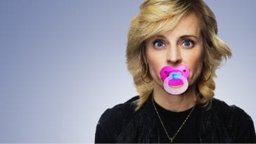 Maria Bamford, with a pacifier in her mouth. Promo image from "Old Baby" on Netflix.