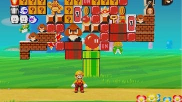 Mario stands in front of the pixel art statue from Story Mode.