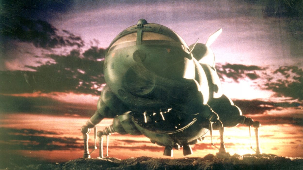 Starbug in flight against a purple and orange sky