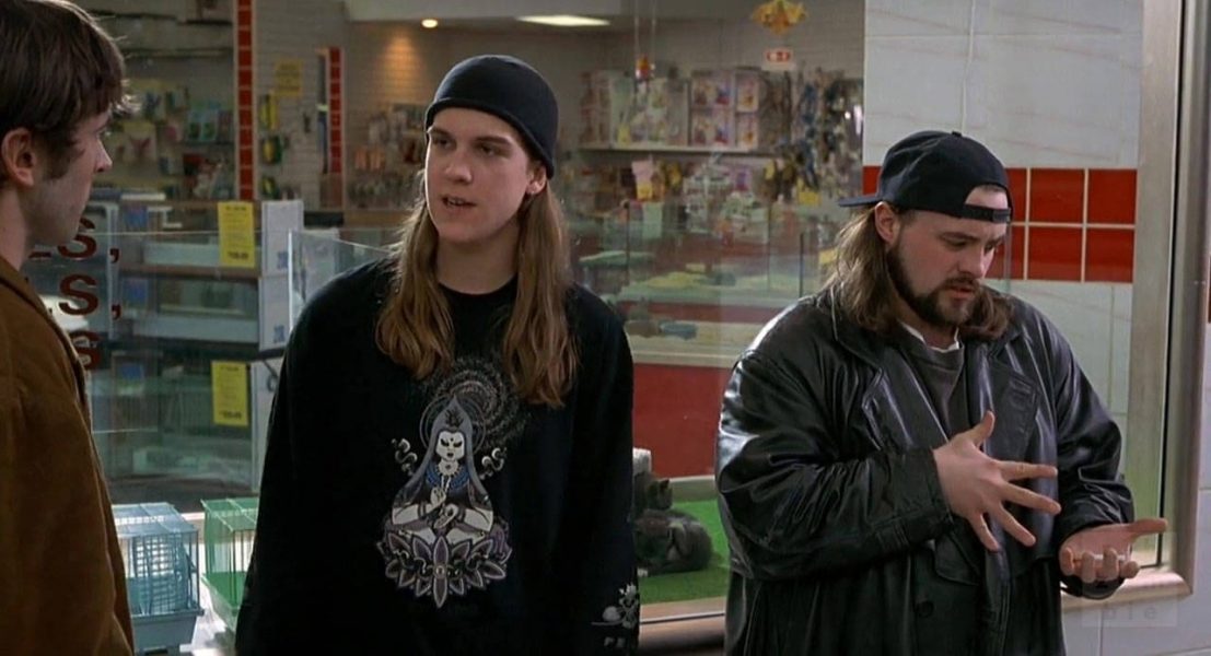 Jay talks to Brodie while SIlent Bob tries to use his Jedi powers to lift a cigarette from his hand.