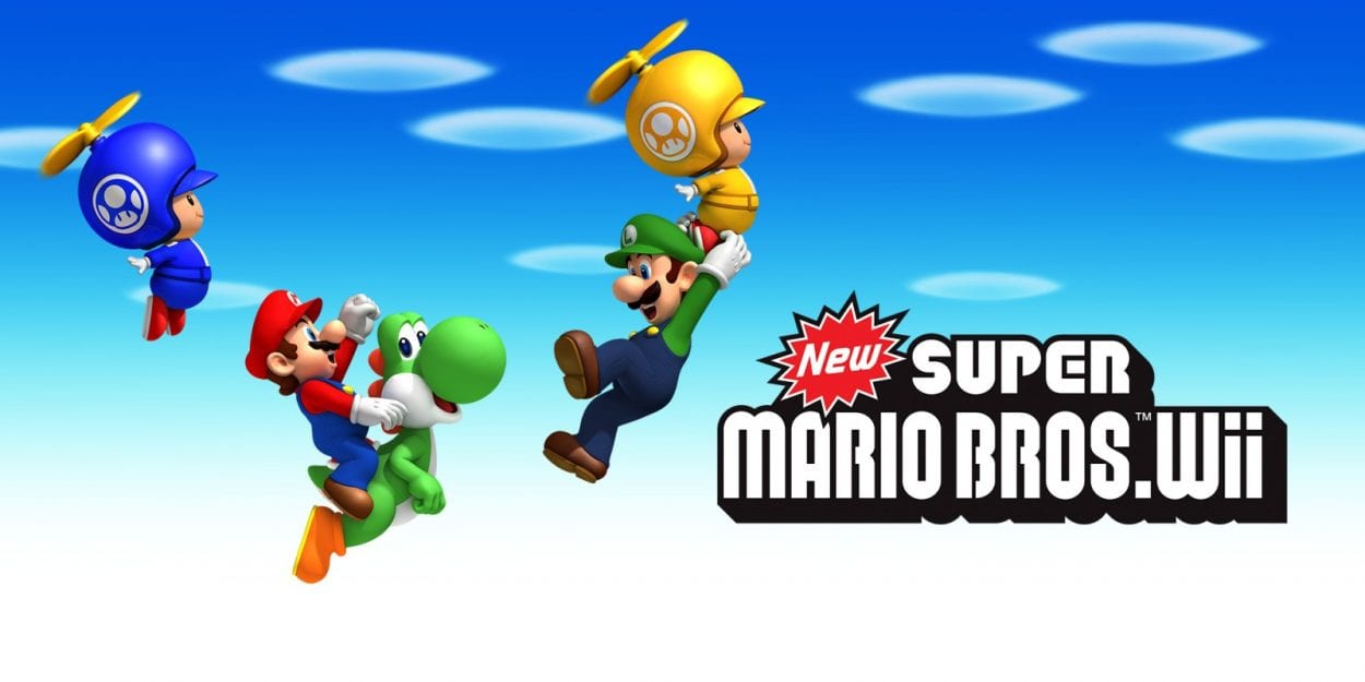 Mario jumps with a Yoshi, Luigi hands on to a Toad in a yellow Propeller Suit, and a blue Toad flies through the air with their own propeller suit. The title is in the bottom right.