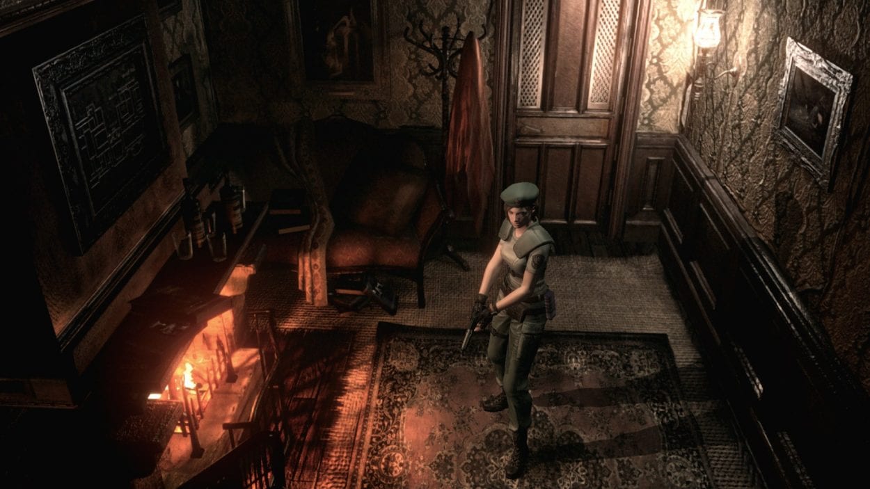 Jill Valentine stands in a well lit room in the Resident Evil remake