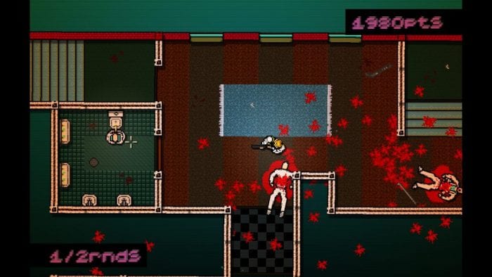 The player character aims a shotgun at an enemy in Hotline Miami