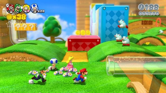mario , peach, luigi and toad all running towards a pipe in a level
