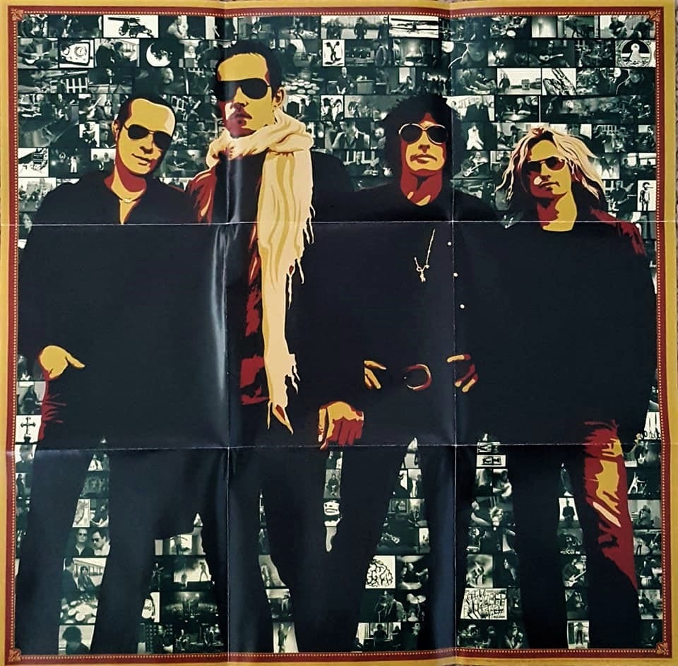 A drawn over image of four men, all dressed in black, and wearing dark shades. The man second to the left is wearing a long white scarf. They are standing in front of a collage of tiny images from their past.