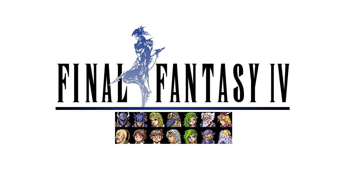 Final Fantasy IV title logo, which features Kain striking a pose, along with pixel portraits of the game's party members.