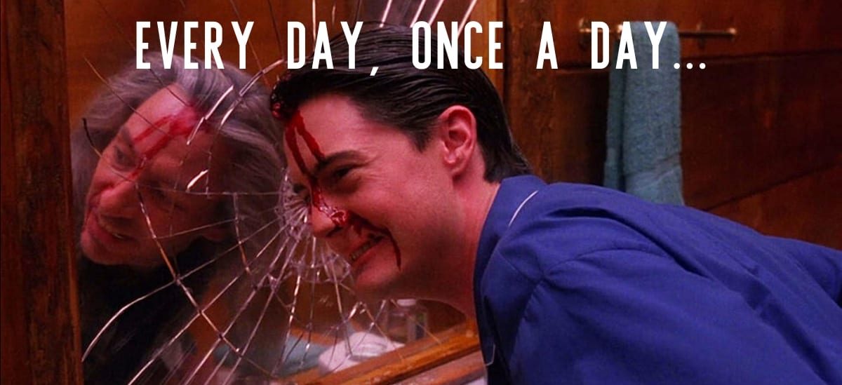 Agent Cooper smashes his face against a mirror, bob is reflected