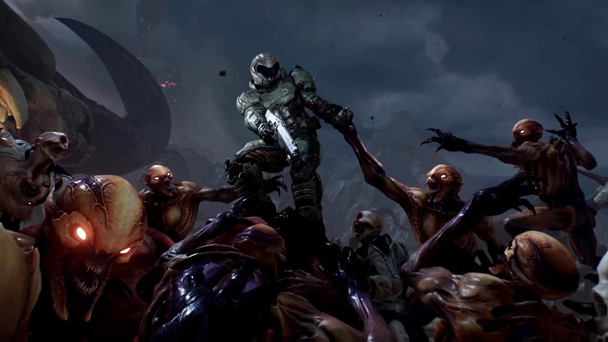 The classic image of Doomguy fighting off hoards of the undead from the original game cover is remade in beautiful detail during the credits of Doom 2016