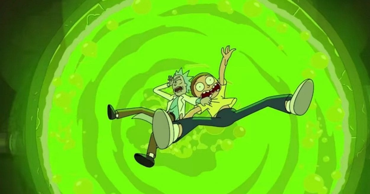 Rick and Morty tumble into a giant vat of acid.