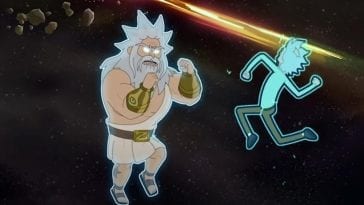 Rick Sanchez prepares to battle Zeus in a fistfight in space.