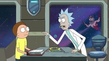Rick insults Dan Harmon's Story Circle to Morty aboard the train while a dismembered Tickets Please Guy floats outside.