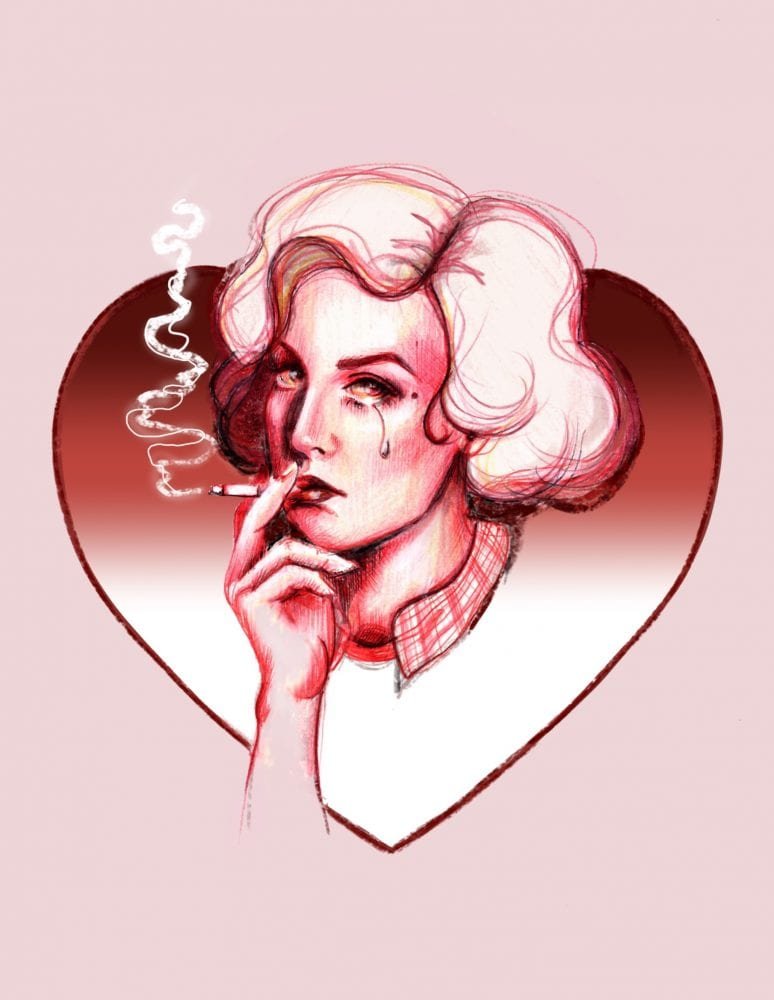 A Twin Peaks art illustration of Audrey Horne inside a heart, smoking a cigarette with a tear running down her cheek