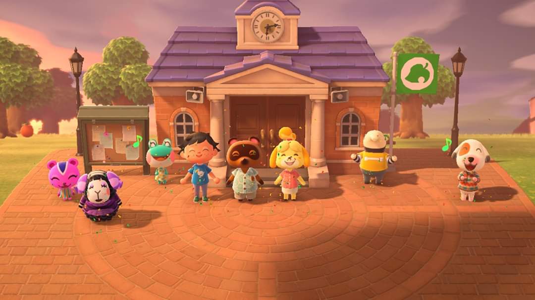 My character stands with the villagers of my Animal Crossing island during a ceremony.