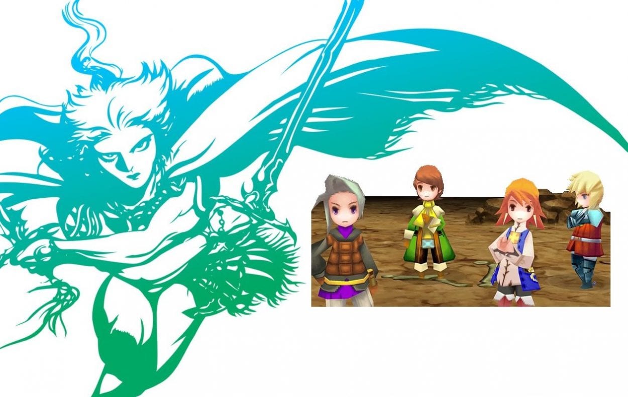 Final Fantasy III logo and four chibi art style heroes