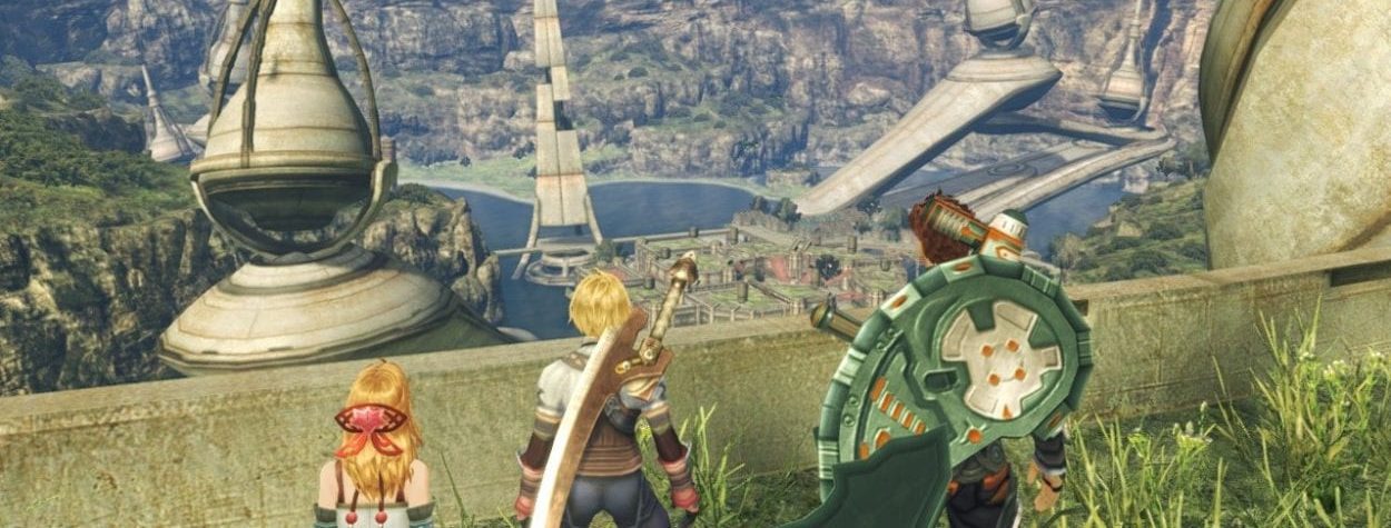 Shulk, Reyn, and Fiora look down at their home.