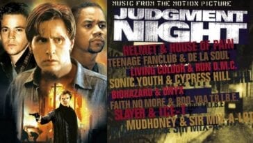 A cover of the soundtrack to Judgment Night featuring the cast and list of bands on the album.