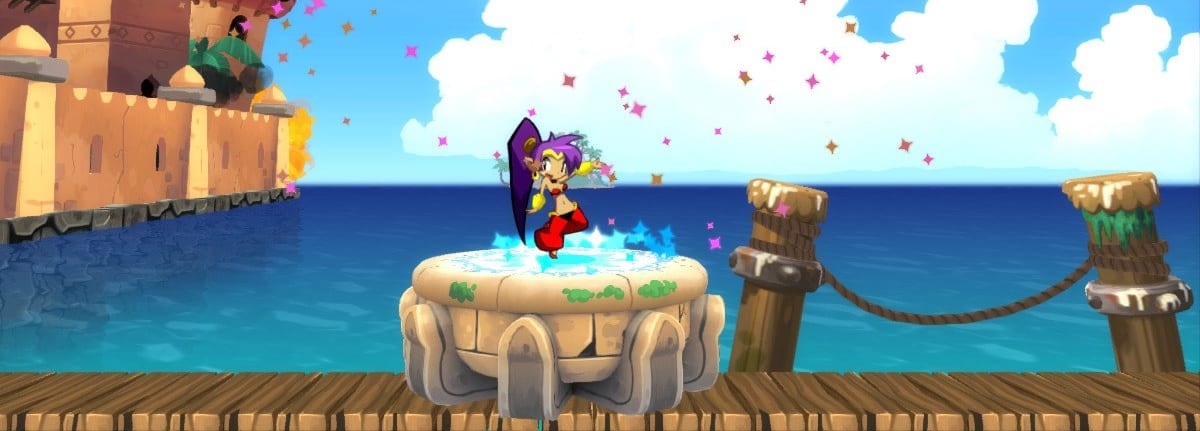 Shantae, the young purple haired genie celebrates a completed level.