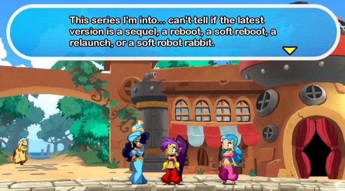 A character makes a meta comment about not knowing if the current entry in a series she follows is a remake or not, much like this game.
