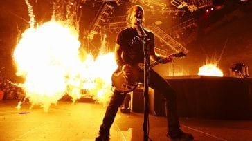 James Hetfield of Metallica surrounded by pyrotechnics