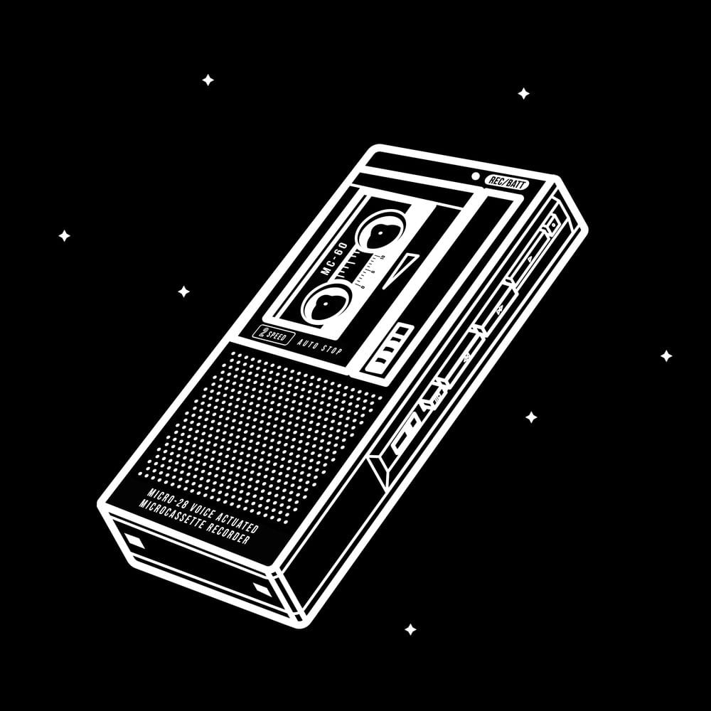 Twin Peaks art depicting Cooper's tape recorder against a black starry night background