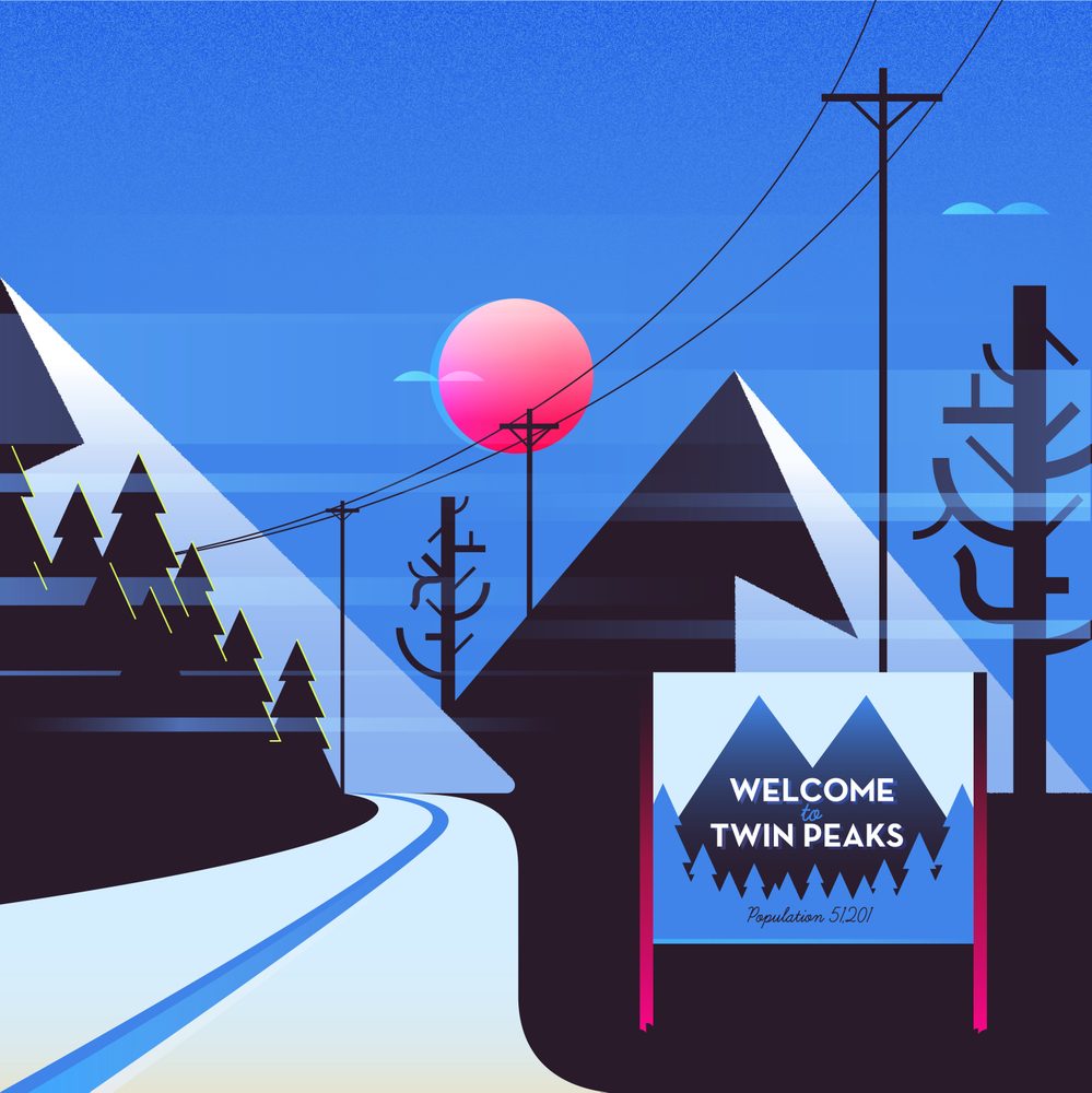 Twin Peaks art illustration of the Twin Peaks welcome roadside sign with mountains in the background