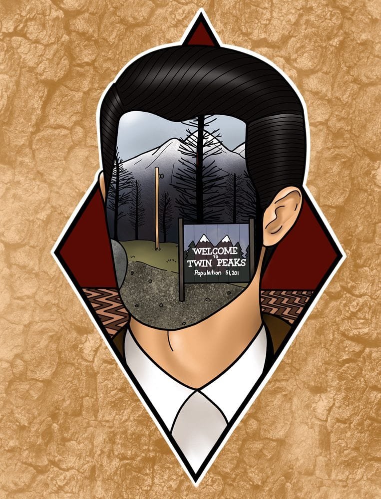 Twin Peaks art illustration of Agent Cooper with the welcome to twin peaks sign in his face and the red room in the background
