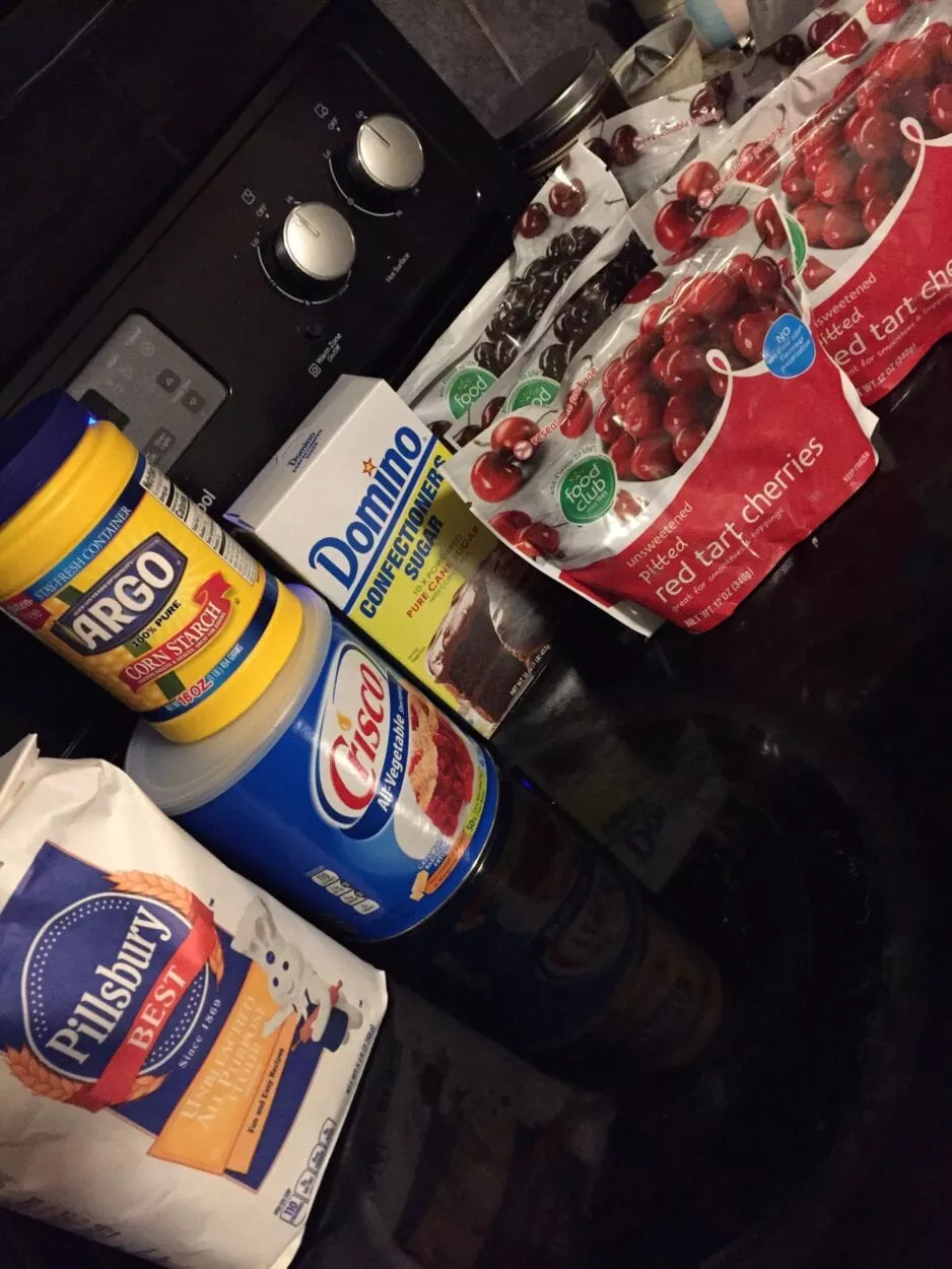 Ingredients for the Twin Peaks Cherry Pie recipe, from corn starch to confectioners sugar to red tart cherries.