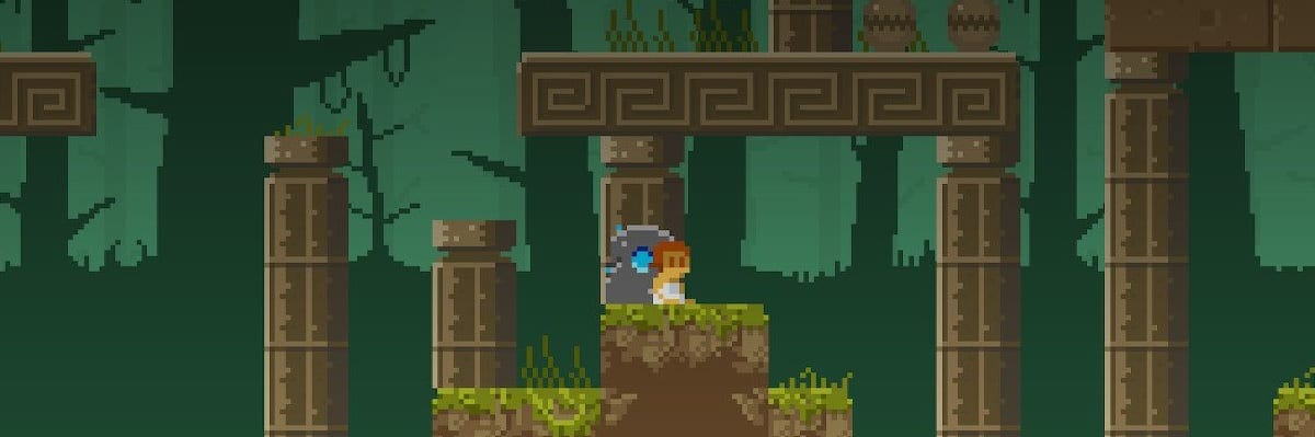 Elliot Quest in the forest surrounded by columns.