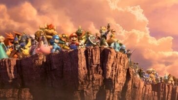 Mario, and a supporting cast of 88 Nintendo characters stand on the edge of a cliff and survey the view.
