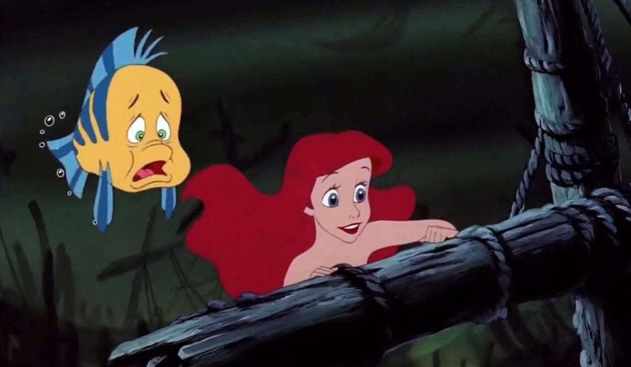 Ariel and Flounder look at something, Ariel is intrigued while Flounder is dismayed