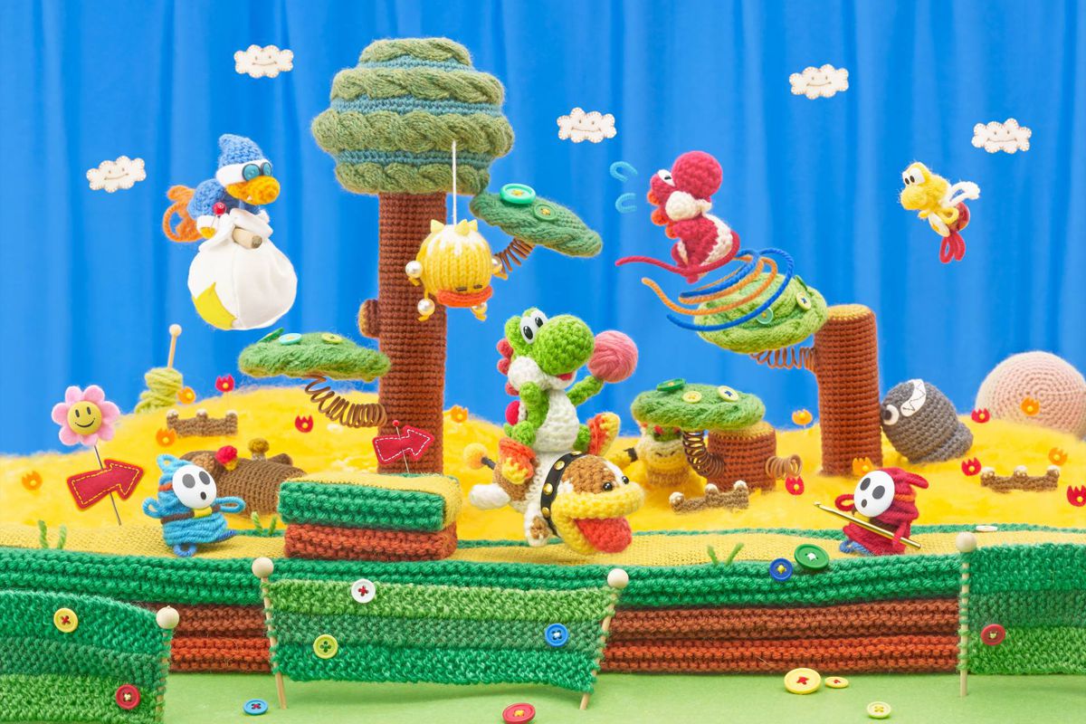 A spread of green and red Yoshi traversing the yarn- stitched land of Yoshi's Wooly World