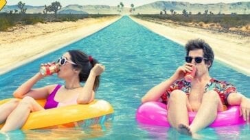 Nyles and Sarah drink while floating in a pool in Palm Springs