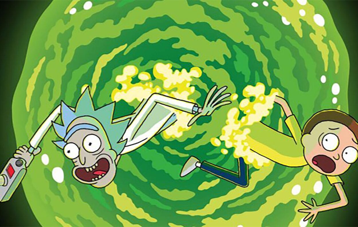 Rick and Morty are falling out of swirling green portal.