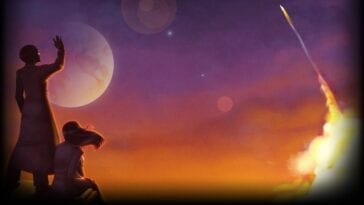 Art for To the Moon depicting the two protagonists watching a rocket launch into the sky