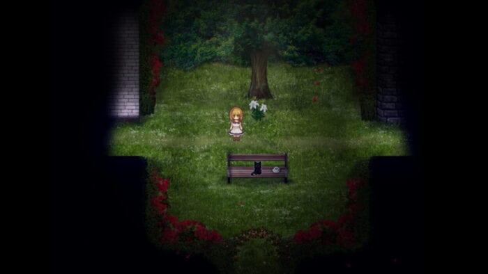 Viola in The Witch's House MV, standing in a room lush with grass, roses, and a large tree. A Black cat sits on a bench in the middle.