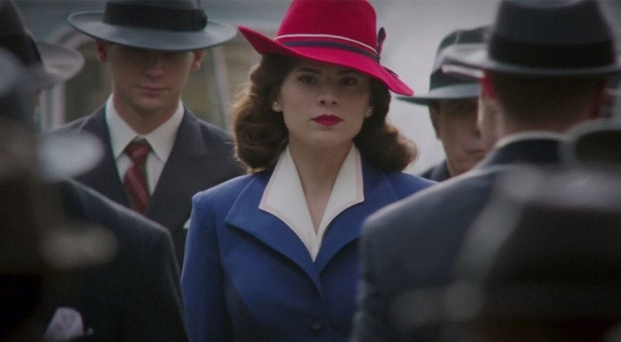 Peggy Carter (Hayley Atwell) walks through a crowd of men in the opening scene of "Agent Carter."
