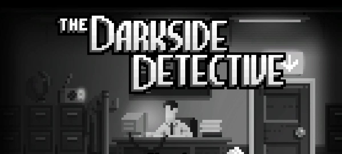 The Darkside Detective, Frank McQueen, sits at his desk. Black and white.