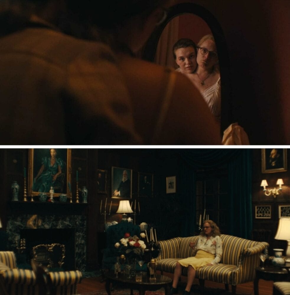 Two film stills showing Rosie (Odessa Young) and Shirley (Elisabeth Moss) preparing for a party in front of a mirror and sitting on a yellow couch