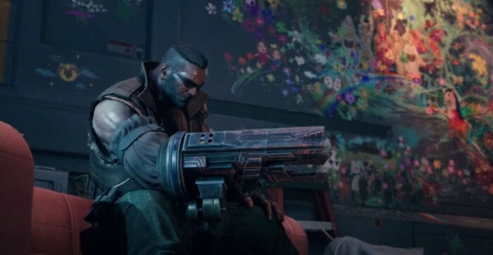 Final Fantasy 7's Barret sits in front of a mural, over his shoulder is a drawing of an owl that resembles the symbol from the TV show Twin Peaks