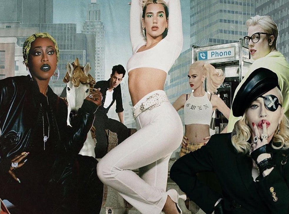 Club Future Nostalgia album cover, featuring Missy Elliot, Mark Ronson, Madonna and Gwen Stefani alongside The Blessed Madonna and Dua Lipa