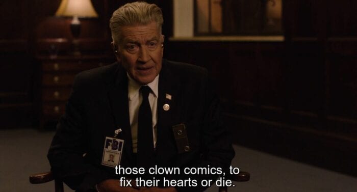 Gordon saying "Those clown comics, to fix their hearts or die."