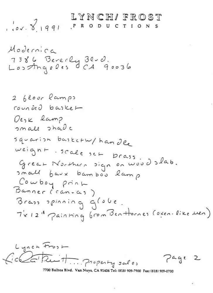 list of items from Lynch/Frost Productions