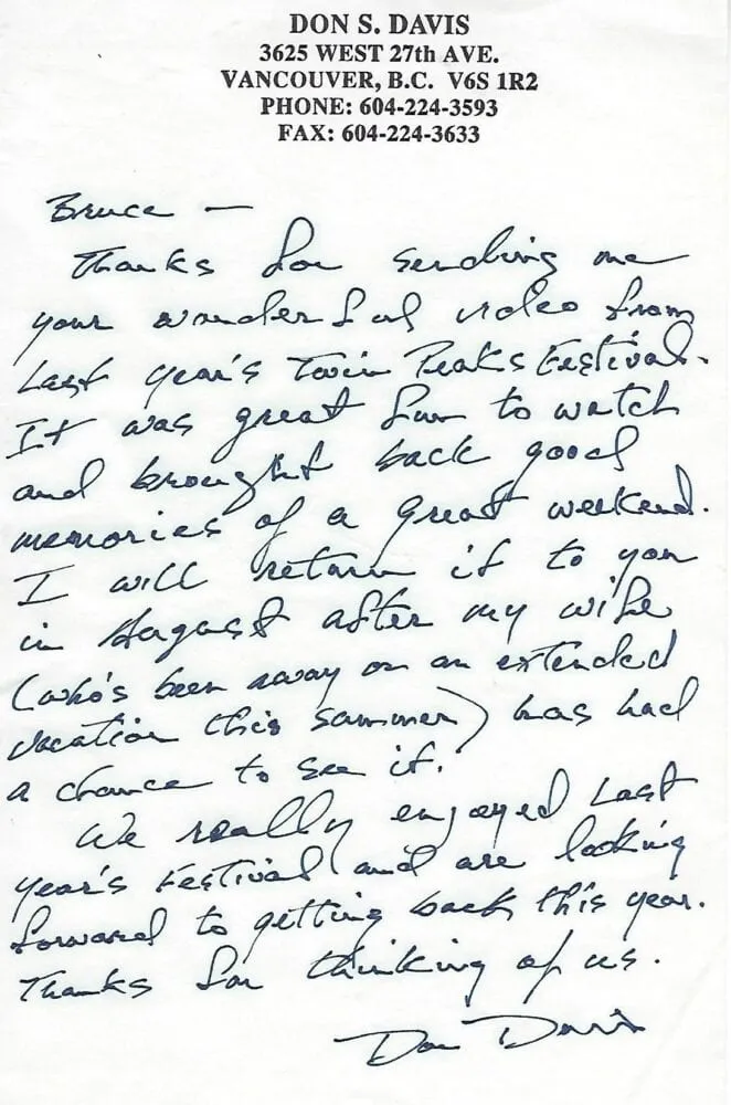 a letter of thanks in Don Davis' handwriting