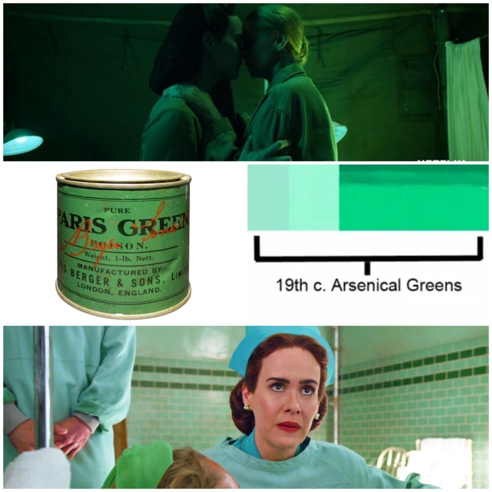 Composite image showing in the top and bottom half images from Ratched (2020) that use arsenical green tones. In the middle, a real life arsenical green pigment can is shown alongside a scale depicting the range of shades 