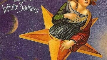 A blue background containing planets, and a centered gold star with a turn of the century silent film star styled woman bashfully proceeding from it.