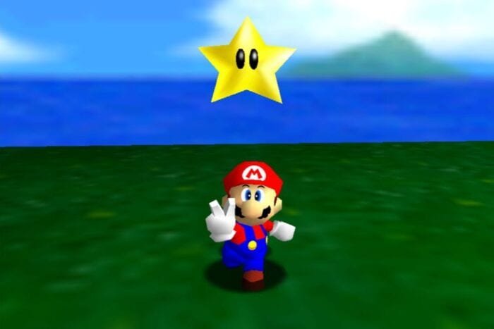 Mario collects a star in Super Mario 64.