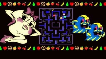 Ms Pac Man and two scared ghosts cover the screen with Level 9 in the background