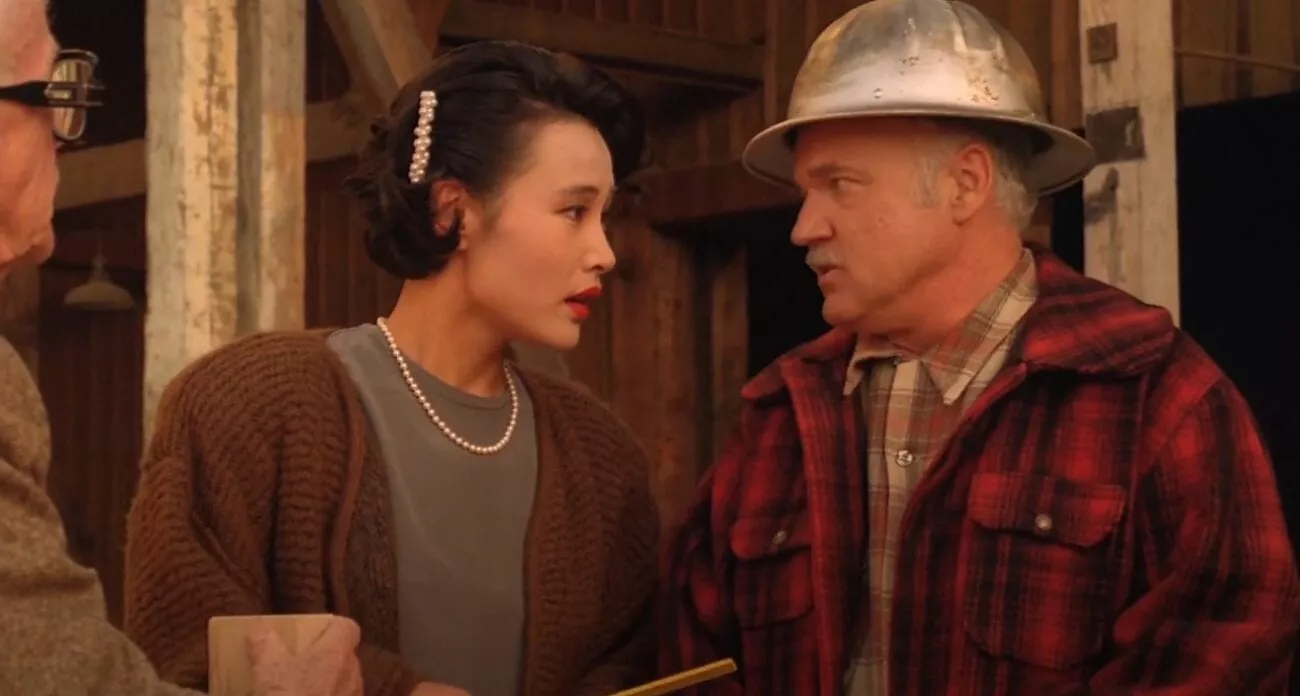 Josie Packard and Pete Martell handle an irate customer at the Packard sawmill. 