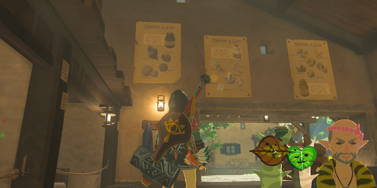 Link spots some recipes on the wall. Bolson and some Koroks look on.