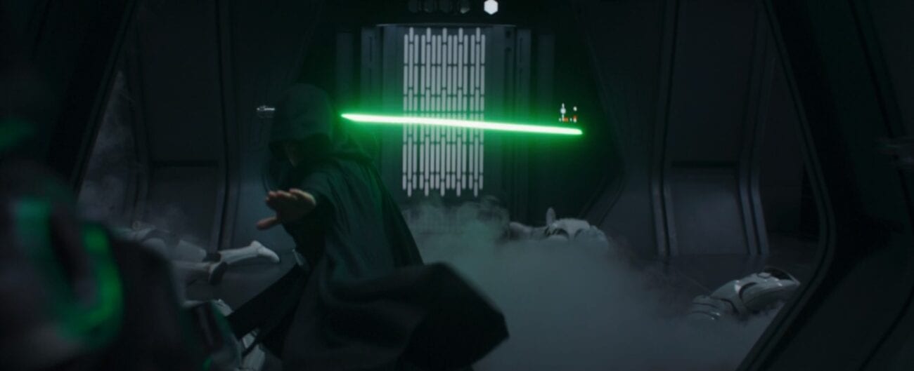 Luke with his green lightsaber takes down a platoon of Darktroopers